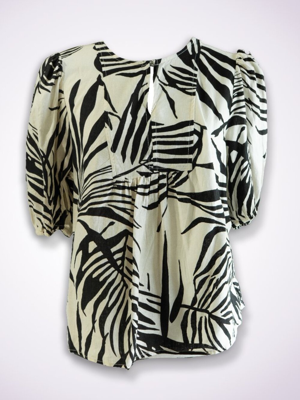 Rachel Zoe Linen Top Puff Sleeve Black White Keyhole Flowy Corporate Blouse